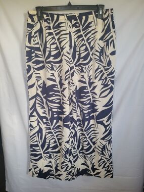 Women's Cream and Navy Leaf-Print Wide Leg Loung Pants